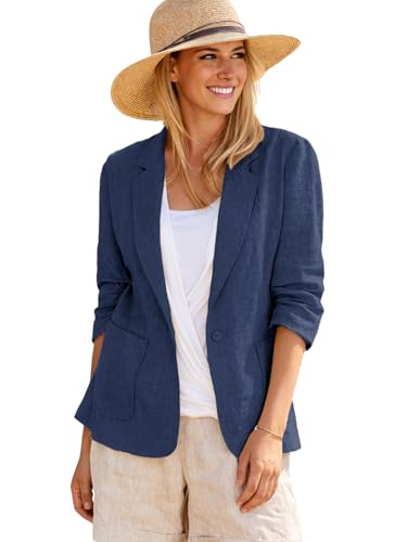 Image of Mina Self 2026 Summer Women's Linen Blazer Jacket - Lightweight Breathable 3 /4 Stretchy Ruched Sleeve Casual Work with Pocket