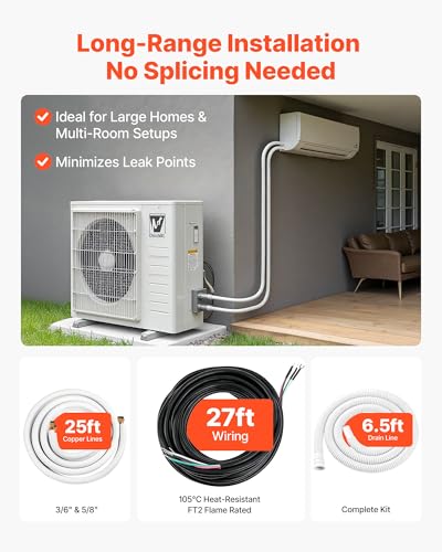 Image of VEVOR Mini Split Line Set, 25ft 3 /8 inch & 5 /8 inch OD AC Copper Tubing Pipe, 3 /8 White PE Thickened Insulated Coil with Flared Nuts, Rich Fittings, for Mini Split Air Conditioner HVAC or Heat Pump System
