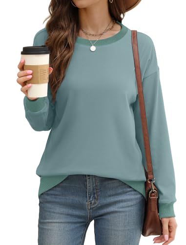 Image of Saloogoe Sweatshirts for Women Crewneck Long Sleeve Loose Fit Tops Color Block Ribbed Trim Fashion 2025