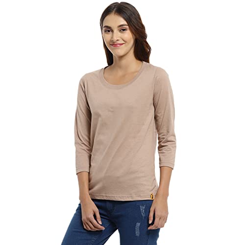 Image of PINACOLADA Women's Solid Beige Crew Neck Long Sleeve Regular Fit Top for Casual Wear | Structured Top Crafted with Comfort Fit and High-Performance for Everyday Wear