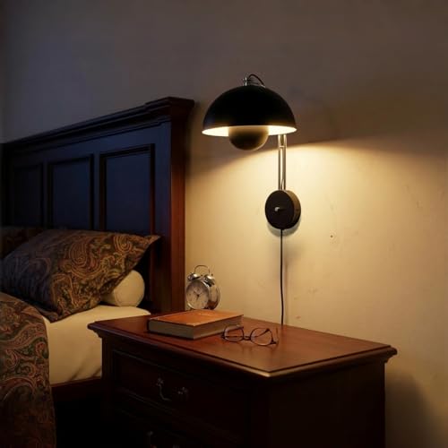 Image of Mid-Century Modern Bud Plug in Wall Sconces for Bedroom, Glossy Black | Indirect lighting reading wall lamp, all-metal construction, plug-in or hardwired install, fits bedroom bedside, living room