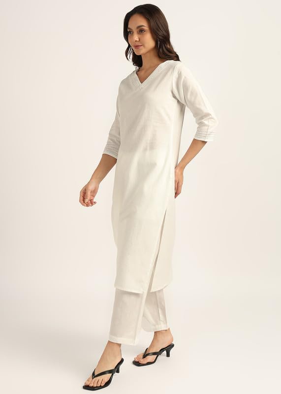 Image of BLOCKS OF INDIA Women's Solid Straight Kurta Set | Hand-Stitched Neck Details with Pintucks | Comfortable Pants with Pockets, Elastic Waist & Drawstring Fit