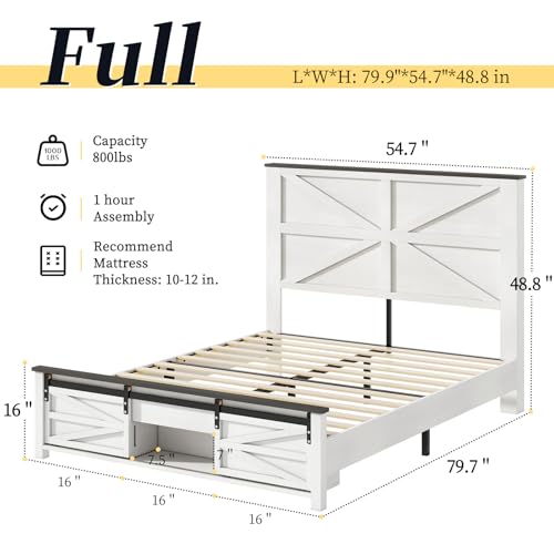 Albott-Farmhouse-Full-Size-Bed-Frame-Wood-Platform-Bed-Frame-with-Sliding-Barn-Door-Storage-488-Headboard-Storage-Bookcase-Footboard-Wood-Slats-Support-No-Squeak-No-Box-Spring-Needed-White Albott Farmhouse Full Size Bed Frame Wood Platform Bed Frame with Sliding Barn Door Storage 488 Headboard Storage Bookcase Footboard Wood Slats Support No Squeak No Box Spring Needed White