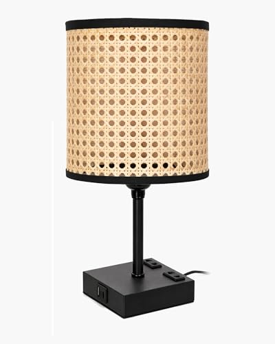 Image of Homesake Touch Table Lamp with USB A + Type C Charging Ports Dual AC Outlets, Touch Control, Medium Size, Bulb Included Night Stand, Bedside Desk Light Bedroom Living Room Office, (Cane Cylinder)