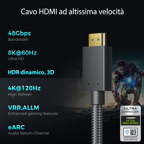 8K HDMI câble 15ft,Certifié Ultra Haute vitesse HDMI 2.1 câble 48Gbps 8K 60Hz 4K 120Hz Appui eARC HDR Roku compatible QLED Sony LG PS5 Xbox One