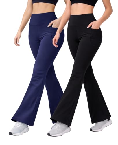Image of Women's High Waist Bootcut Yoga Pants with Side Pockets | Flared Gym Leggings for Women | Stretchable Workout Bell Bottom Tights for Yoga, Gym, Running & Casual Wear Pack of 2
