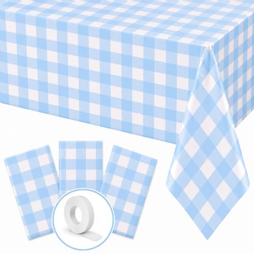Image of Blue Orchards Light Blue Gingham Table Cover (Pack of 3 with 20 Glue dots) - 54 inchx108 inch XL - Light Blue and White Checkered Picnic Tablecloth, Baby Shower Decoration, Outdoor Birthday Party Supplies