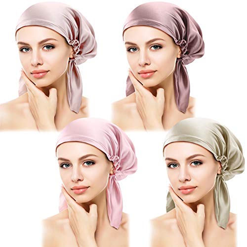 4 Pieces Real Silk Night Sleeping Cap Floral Print Silk Bonnet Hat with Ribbon (Pure Color)