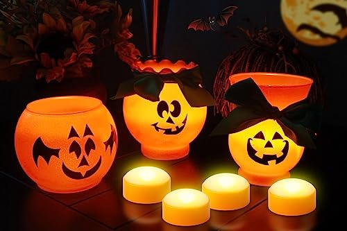 Image of 4 Pack Flameless Halloween Pumpkin Lights with Remote and Timer | Flickering LED Jack-O-Lantern lights, Electric orange timer candles battery operated, for porch pumpkins, outdoor party decor