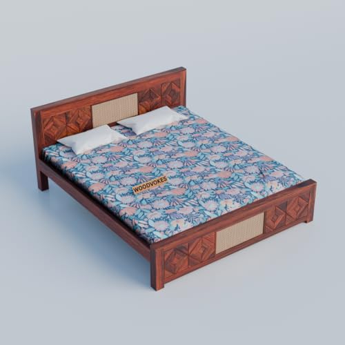Image of Sheesham Wood 1 Bed Without Storage Solid Wooden Cot Bed Elegant and Functional Bedroom Living Room Home (Honey Finish 2 Can, Queen)