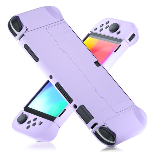 [Versión mejorada] Funda transparente acoplable para Nintendo Switch OLED 2021, funda protectora FANPL para Switch OLED y controlador Joy Con, fuerte y duradera, no se cae fácilmente (morado)