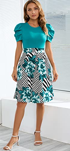 Chiccloth Women's Fit And Flare Dress Vintage Puff Sleeve Floral Patchwork Pockets Summer Wedding Guest A-Line Swing Casual Party Work Dresses (Green White M) #TOP4