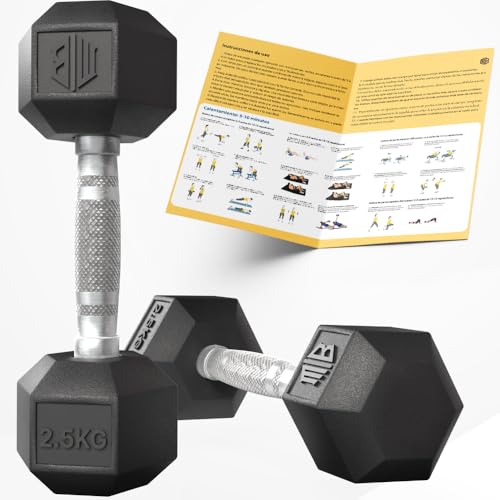 ManiBoom Mancuernas Hexagonales PROFESIONALES Ergonómicas y ANTIDESLIZANTES de Caucho con Barra de Cromo - Pesas y Mancuernas Varios kilos 10kg 15kg 20kg 25kg 30kg - Set Ejercicio (2x2,5 Kg Negro)