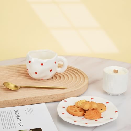 Image of Koythin 10oz Ceramic Mug With Saucer, Small Red Heart Couple Latte Tea Cup