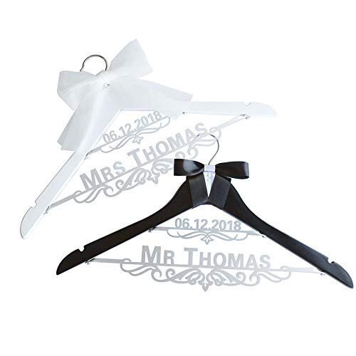 F&M HANDMADE Personalized Wedding Hanger,Wedding Dress Hanger,Custom Bride Hanger, Couple Wedding Hanger, Rustic Wooden Hanger (White Hanger)