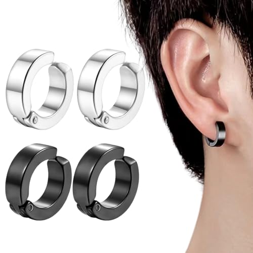 2 pares de clips de oreja sin perforar para hombres y mujeres, pendientes de aro falsos de acero inoxidable, pendientes de aro de acero negro para hombre, joyería con clip de oreja sin perforar