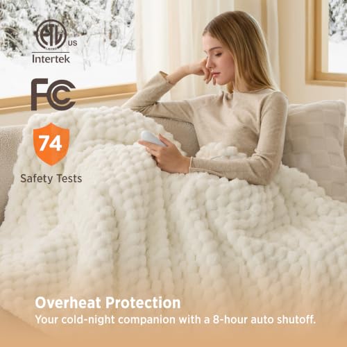 Image of Bedsure Heated Blanket Throw XL, Coconut White Bubble Electric Blanket
