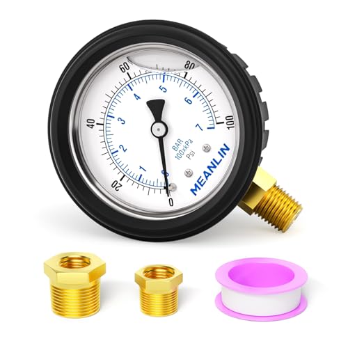 Image of MEANLIN MEASURE 0~100Psi Stainless Steel 1 /4 inch NPT 2.5 inch FACE DIAL Liquid Filled Pressure Gauge, Lower Mount (with Rubber Protective Sleeve), with 1 /2 inch NPT and 3 /8 inch NPT Hex Bushing