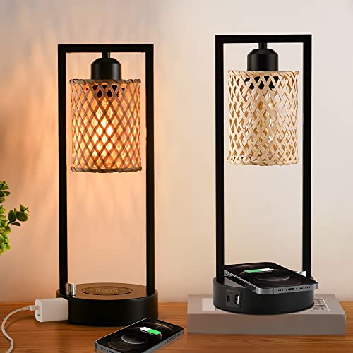 Lediary Set Of 2 Wireless Charging Rattan Table Lamps With Ac Outlet And 2 Usb Ports, Fully Stepless Dimmable Wicker Bedside Lamps, Boho Lamp With Bamboo Woven Shade For Bedroom, 2200K Bulbs Included #TOP1