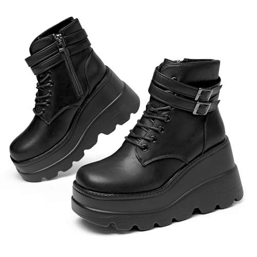 Gothniero Women Black Platform Combat Ankle Boots Chunky Heel Goth Rave Motorcycle Booties with Buckles Side zip Rounds toe Size UK3-UK8