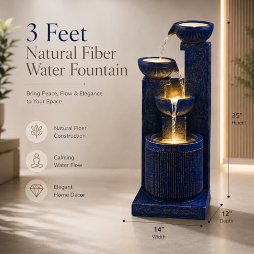 Image of 3 Feet Natural Fiber Water Fountain for Home Decor with LED Light | Indoor & Outdoor Floor Standing Waterfall Fountain | Large Decorative Water Feature for Living Room, Garden & Office