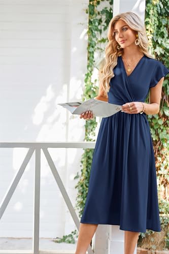 JASAMBAC Womens Dresses Casual Ruffle Short Sleeves Chiffon Empire Waist Elastic V-Neck Wedding Guest A-Line Maxi Dress3