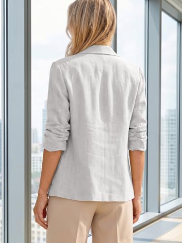 Image of Mina Self 2026 Summer Women's Linen Blazer Jacket - Lightweight Breathable 3 /4 Stretchy Ruched Sleeve Casual Work with Pocket