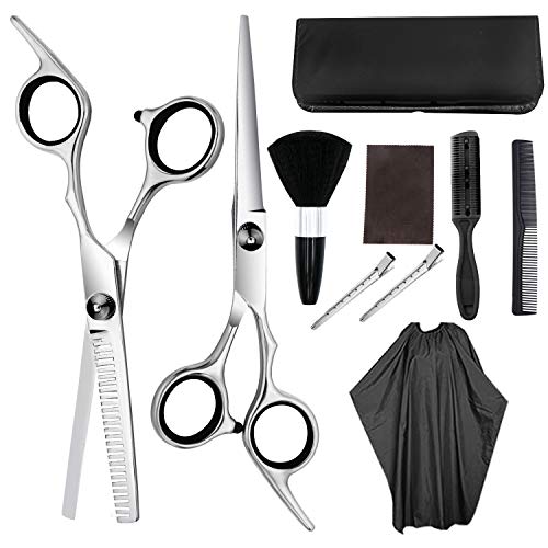 Professional Hair Cutting Scissors Set 10 Pcs Hairdressing Scissors Kit, Hair Cutting Scissors, Thinning Shears, Hair Razor Comb, Clips, Cape, Shears Kit for Home, Black
