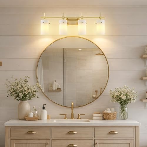 Image of SOLFART Bathroom Light Fixtures, 4 Light Vanity Lights for Bathroom, Gold Wall Light with Milky White Glass for Mirror, Living Room, Hallway, Cabinet, E26 Base (Bulbs Not Included)
