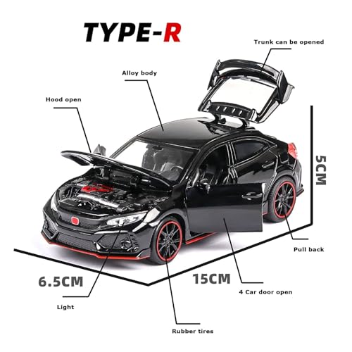 Image of 1:32 Scale Civic Type R Toy Car | Metal Pullback Diecast Car for Kids with Openable Doors, Sound, Light Effects Toy for Car Enthusiasts (Color As Per Available),black