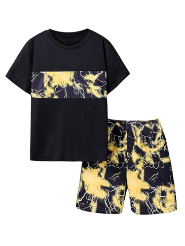 Image of GORGLITTER Boy's Summer Outfits Letter Print Short Sleeve T Shirts Elastic Waist Track Shorts 2 Piece Clothing Set Black and Yellow 13-14Y