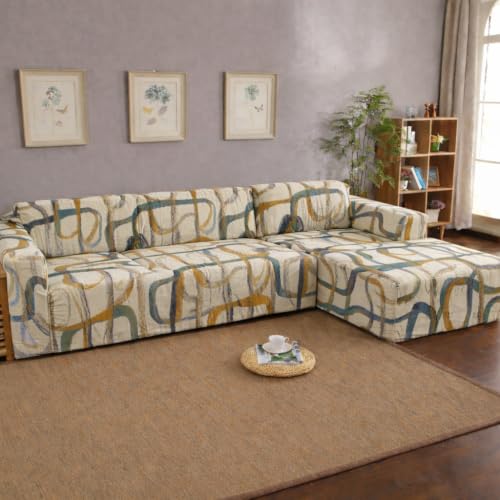 Image of Gifts Island Premium 160GSM Super Soft Beige Art Stretchable Sofa Cover L Shape 6 Seater Fully Covered | Suitable for Both Left and Right Side Chaise Sofa (Beige Art, 3+3 Seater)