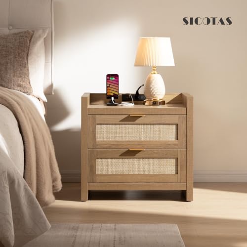 SICOTAS Rattan Nightstand End Table - Night Stand Bedside Table with Type-C Charging Station, 2 Drawers Storage - Boho Night Stands for Bedroom - Natural Oak - Image 5