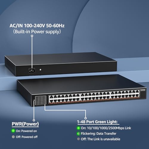 Image of YuanLey 48-Port 2.5G Ethernet Switch Unmanaged, Multi-gigabit Network Switch with 48x2.5Gbps RJ45 Ports, 240Gbps Switching Capacity, Fanless Metal Design, Desktop /Rackmount 2.5G Switch for NAS