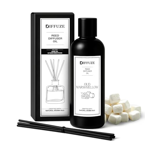 Image of DIFFUZE Oud Marshmellow Reed Diffuser Refill with 10 Fibre Reed Sticks | Sweet Oud Aroma Oil & Fragrance Oil | Diffuser Oil for Home Fragrance