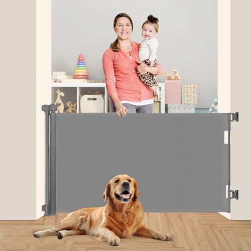 Image of Miumoon Upgrade 59" Retractable Baby Gates for Stairs, Retractable Dog Gate 34" Tall, Extends to 59" Wide, 5 Foot Retractable Baby Gate, Retractable Gate for Doorways, Hallways, Indoor/Outdoor(Gray)