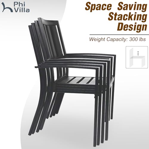Image of PHI VILLA Patio Dining Set for 6, Stackable Chairs&Wood-Like Table | 65 inch Brown Wood-Like Metal Steel Dining Table & Black Iron Chairs, Patio Furniture Set for Patio, Deck, Yard, Porch