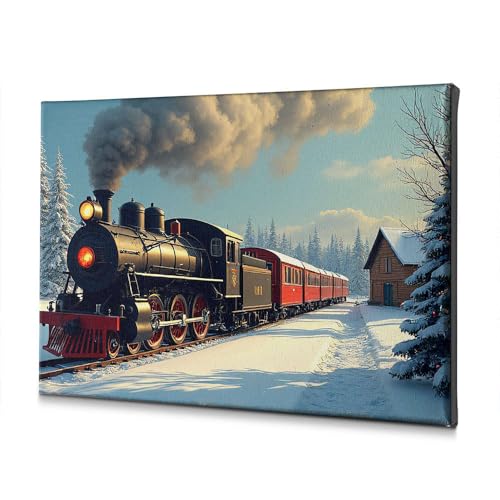 Toile religieuse de Pâques train à vapeur tableau déco hiver neige 40x60cm
