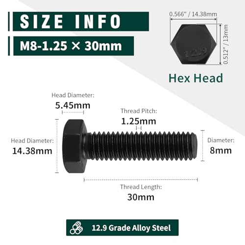 Image of M8-1.25 x 30mm Hex Bolts, 12.9 Grade Alloy Steel, Black Oxide Finish, Full Thread, Coarse Thread UNC, Hexagon Head Bolts 15 PCS