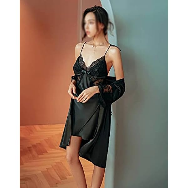 2 stks-sets Lente Dames Sexy Lingerie Jurk Nachtkleding Kant Slapen Sling Pyjama Gewaad (Kleur: Zwart, Maat: L-code)