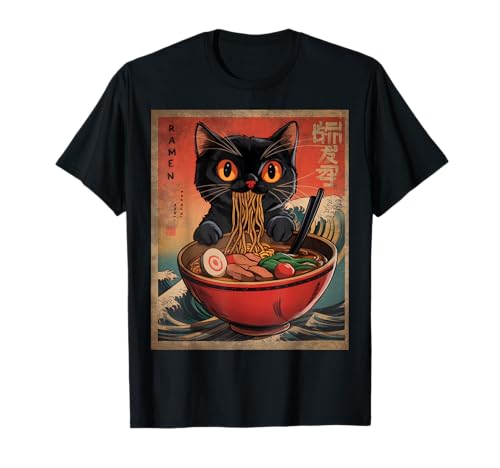 Vintage Cat Ramen Japanese Funny Graphic Kawaii Cat Anime Camiseta