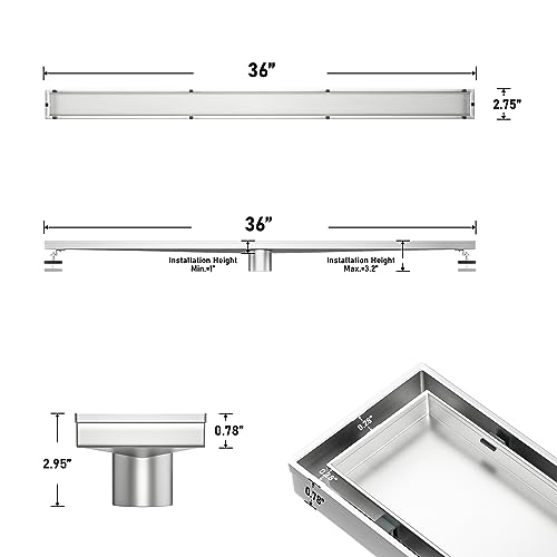 Image of Linear Shower Drain 36 inch Brushed 304 Stainless Steel | Fast Drainage | Tile Inserted | Stainless Floor Drain Grate | Hair Strainer | Drain Key | The Upgrade for Your Bathroom