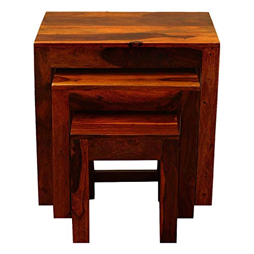 Image of Sheesham Wood Nesting Table Stools for Living Room (Natural Teak Finish) - Set of 3