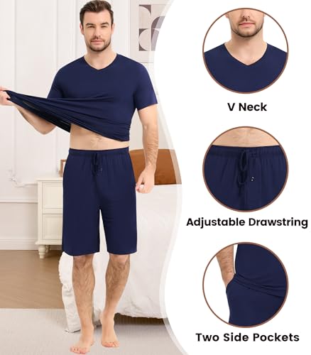 Image of NACHILA Men's Pajamas-Viscose Made from Bamboo, Short Sleeve Top with Shorts Pjs Set V Neck Sleepwear Cool Loungewear