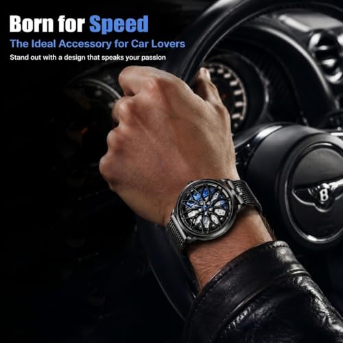 Image of Men's Car Wheel Watches, Stylish Racing Rotating Dial Analog Watches | Japanese Quartz, Luminous Function, 30M Waterproof, 360 Rotating Dial, Casual Luxury Wrist Watch, Gift for Car Enthusiast