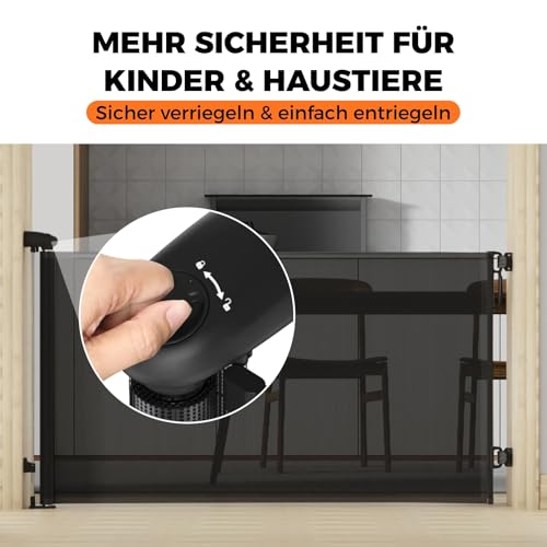 Allyson® Treppenschutzgitter Ausziehbar, Türschutzgitter bis 140 cm Treppengitter für Kinder & Haustiere, Kinderschutzgitter 85 cm Höhe, Haustierschutzgitter Einziehbar, Verstellbar & Stabil – Schwarz
