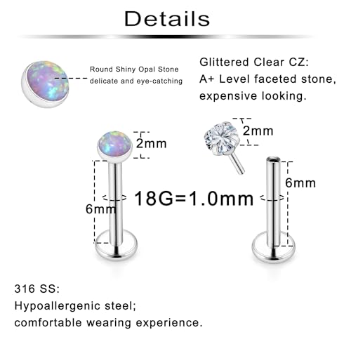 Ftovosyo 20G 18G 16G Threadless Push in Nose Rings Studs Surgical Steel Pushin Nose Stud 2mm 2.5mm 3mm Round Crystal Opal Labret Lip Medusa Piercing Jewelry Conch Helix Tragus Earring for Women Men2