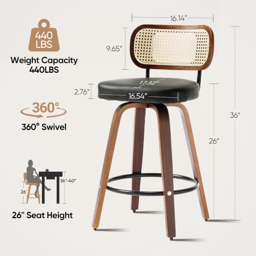 Image of Natural Rattan Bar Stools Set of 2,Upholstered PU Leather, 26'' Counter Height Barstools with Back and Wood Legs,360Swivel,Mid-Century Modern Bar Stool for Kitchen Island Dining Room and Bar(Black)