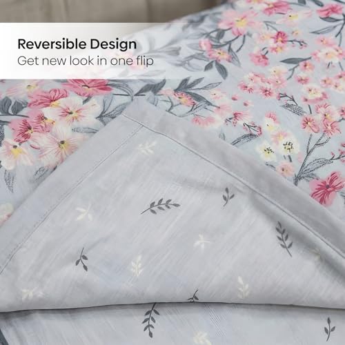 Image of haus & kinder Cotton Dohar for Double Bed Queen Size | Lightweight Summer Blanket AC Dohar | 3 Layer Soft Reversible Cotton Quilt Blanket for Bed | Grey Floral Design | 100 x 89 Inches | 144 TC