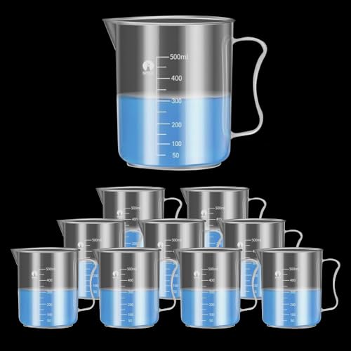 Image of Measuring Jugs, Plastic Food Grade Liquid Measuring Cups Molded Graduations - Chemical Resistant, Autoclavable - Handle for Convenient Lifting (10, 500ml)